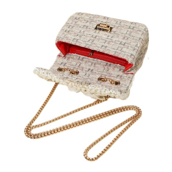 Tigerstars Pink Floral Pearly Beads Cluster Tweed Crossbody Bag - Picture 3 of 4